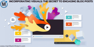A vibrant digital illustration showing multimedia elements like a video player, abstract colorful graphics, and UI components, emphasizing the role of visuals in engaging blog content.