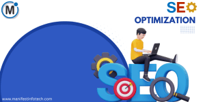 SEO Optimization concept with 3D illustration of a person working on a laptop surrounded by SEO elements like gears, magnifier, and target.