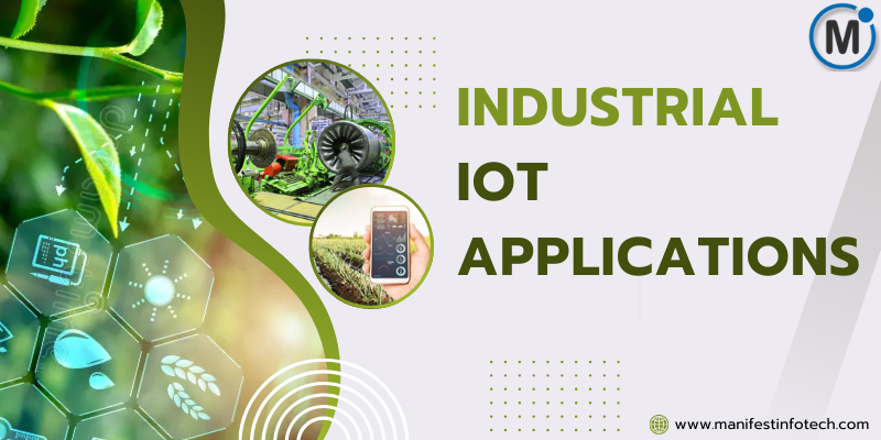 Illustration of Industrial IoT applications showing smart farming, factory automation, and digital crop monitoring with connected devices and icons.