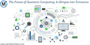 A futuristic digital illustration representing quantum computing, featuring interconnected nodes, data charts, cloud computing, and network diagrams.