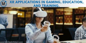 A woman wearing a VR headset and using controllers in a modern office setting, showcasing XR technology in gaming, education, and training.