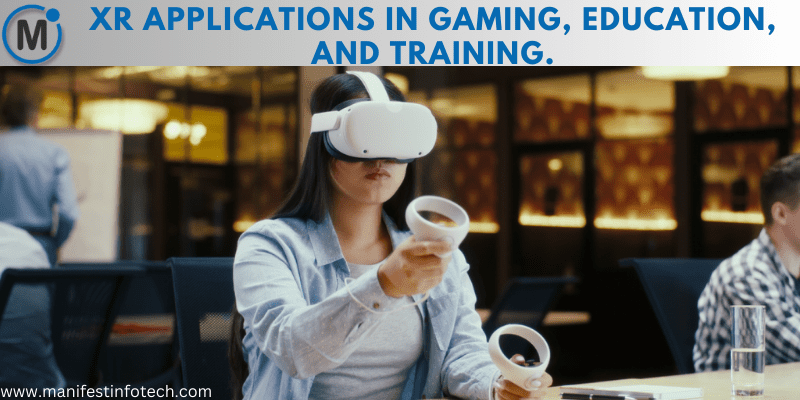 A woman wearing a VR headset and using controllers in a modern office setting, showcasing XR technology in gaming, education, and training.