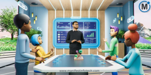 A futuristic metaverse meeting with digital avatars and a presenter discussing data analytics on a virtual screen.
