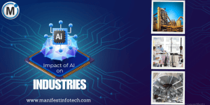 Graphic showing the impact of AI on industries with visuals of industrial sectors and AI chip illustration.