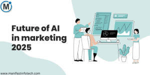 Illustration of professionals working on AI-driven marketing strategies with data analytics and automation tools. Text reads 'Future of AI in Marketing 2025'.