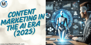 AI-powered content marketing concept with a human and AI working together on a digital strategy.