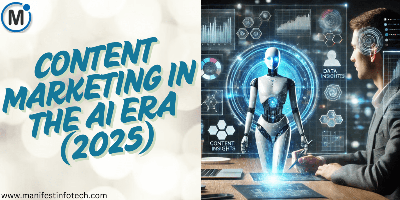 AI-powered content marketing concept with a human and AI working together on a digital strategy.