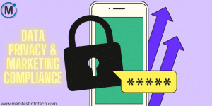 A smartphone with a lock icon, password input field, and upward arrows representing data privacy and marketing compliance.