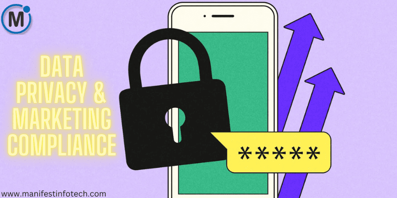 A smartphone with a lock icon, password input field, and upward arrows representing data privacy and marketing compliance.