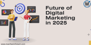 Illustration of two professionals discussing digital marketing trends for 2025, with data analytics and growth charts in the background.