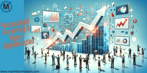 Illustration of AI-powered personalized marketing and hyper-segmentation, featuring digital charts, data analytics, and professionals analyzing trends