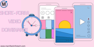 Illustration of mobile devices displaying short-form video content with a clock symbolizing quick engagement. The text "Short-Form Video Dominance" is displayed prominently, highlighting the importance of TikTok, Instagram Reels, and YouTube Shorts in digital marketing.