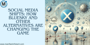 A digital illustration of a futuristic social media landscape featuring platform icons like BlueSky, X (formerly Twitter), Threads, and Mastodon, interconnected with a light, minimalistic background.