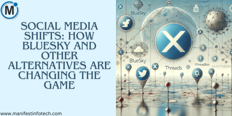 A digital illustration of a futuristic social media landscape featuring platform icons like BlueSky, X (formerly Twitter), Threads, and Mastodon, interconnected with a light, minimalistic background.