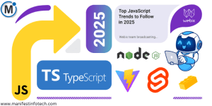 Infographic showcasing top JavaScript and TypeScript trends for 2025, featuring icons for JS, TypeScript, Node.js, Webix, Svelte, and more, along with a chatbot illustration and futuristic design.
