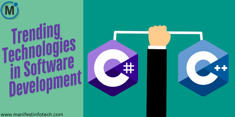 Illustration of a hand holding two hexagonal icons labeled "C++" and "C#", representing trending technologies in software development.