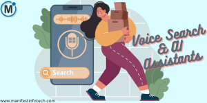 A woman carrying packages next to a smartphone screen displaying a voice search interface, representing the impact of AI assistants on digital marketing.