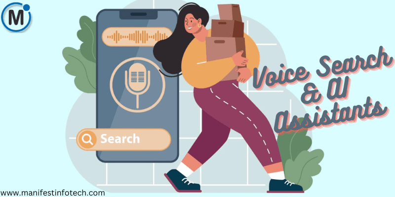 A woman carrying packages next to a smartphone screen displaying a voice search interface, representing the impact of AI assistants on digital marketing.