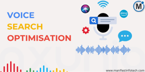 Voice Search Optimization – A digital illustration featuring a microphone, search icons, sound waves, and voice assistant logos like Siri and Alexa.