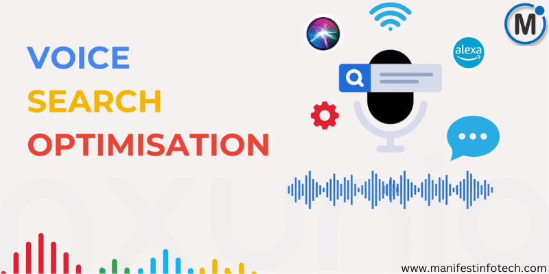 Voice Search Optimization – A digital illustration featuring a microphone, search icons, sound waves, and voice assistant logos like Siri and Alexa.