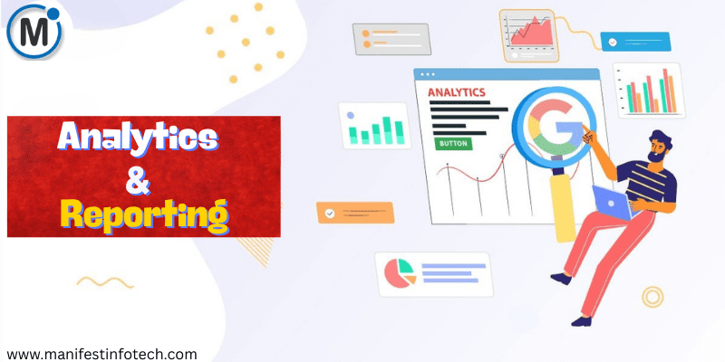 Illustration of a man analyzing charts and graphs on a screen labeled "Analytics" with Google’s logo and visual data elements around him.