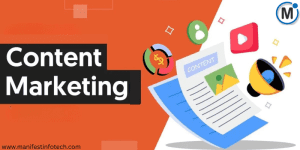 Illustration showcasing content marketing with a document labeled "CONTENT", surrounded by icons representing various content formats and a megaphone.