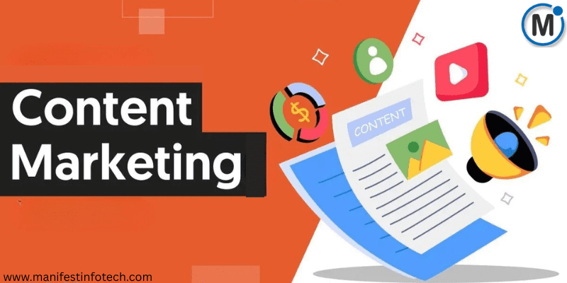 Illustration showcasing content marketing with a document labeled "CONTENT", surrounded by icons representing various content formats and a megaphone.