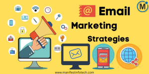 A cartoon-style illustration depicting email marketing strategies with a hand holding a megaphone emerging from a computer screen, surrounded by icons representing various digital marketing elements like social media, SEO, and mobile.