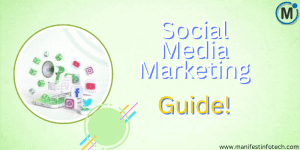 Social Media Marketing Guide visual with icons of popular platforms like Facebook, Instagram, Twitter, and YouTube, representing digital promotion and brand growth.