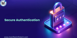 A 3D rendered metallic padlock with three stars on its face, resting on a glowing blue and purple platform. The text "Secure Authentication" is visible to the left.