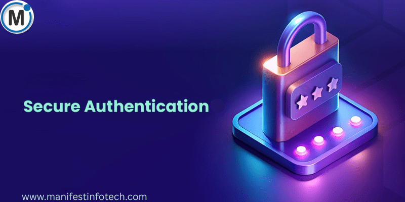A 3D rendered metallic padlock with three stars on its face, resting on a glowing blue and purple platform. The text "Secure Authentication" is visible to the left.