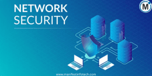 An illustration depicting network security with computers connected to servers and a shield representing protection.