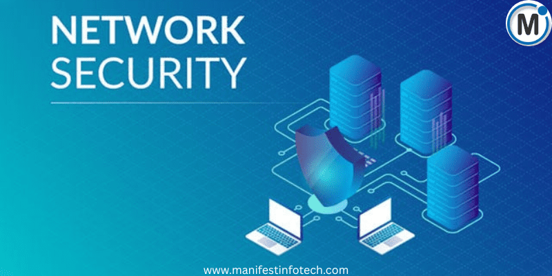 An illustration depicting network security with computers connected to servers and a shield representing protection.